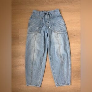 Light Blue Women's Barrel High-Waist Drawstring Denim Jeans